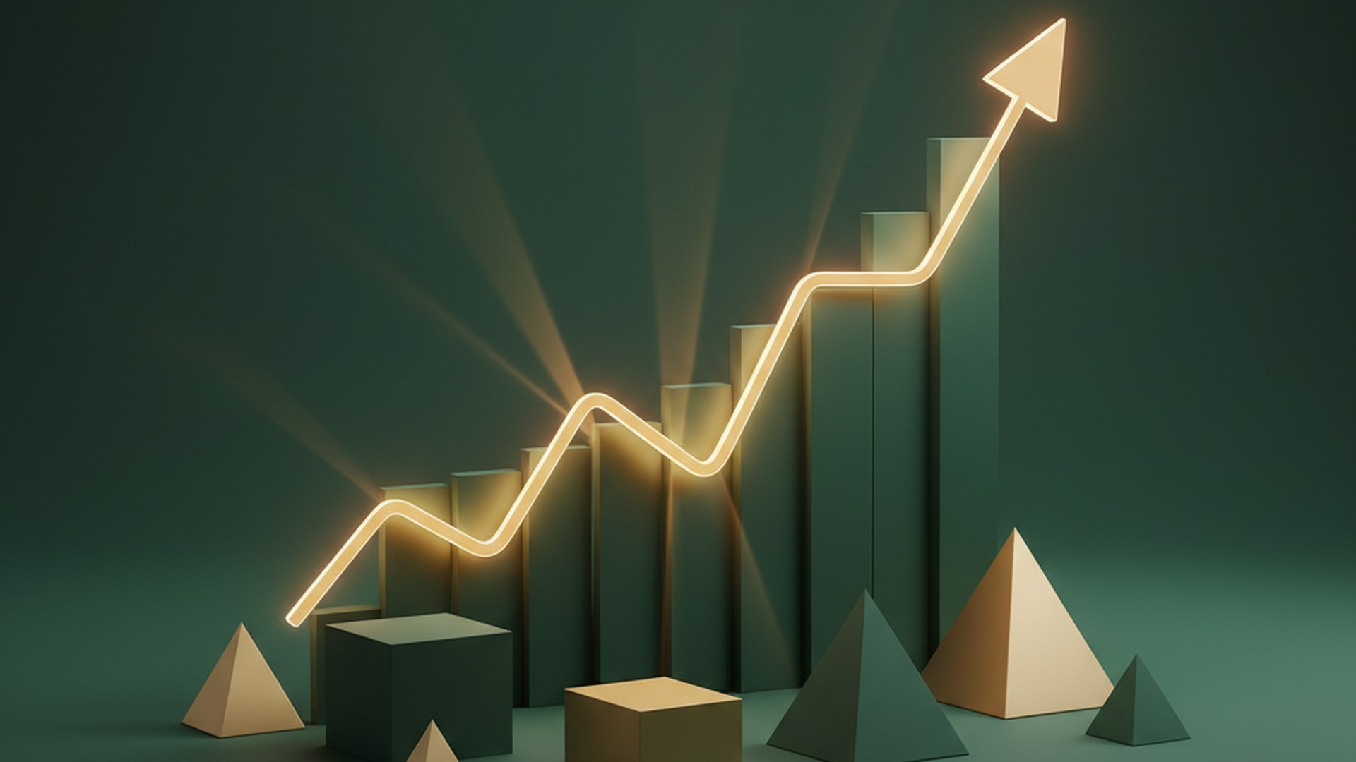 A glowing gold line rising across dark green bar columns, with gold and green pyramids and cubes in the foreground.