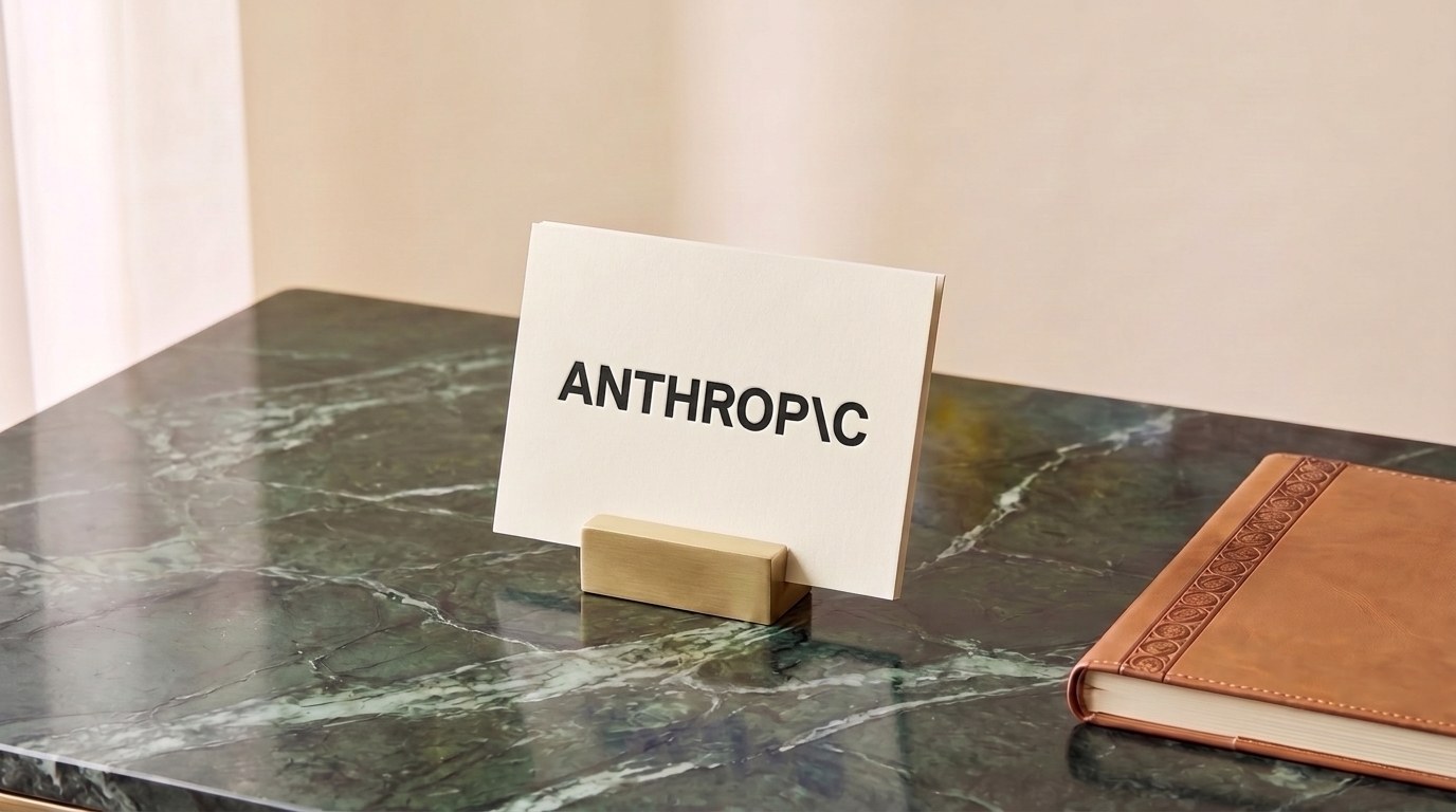 Cream letterpress card printed with the Anthropic wordmark in a brushed brass holder beside a closed tan leather notebook on a dark green marble desk