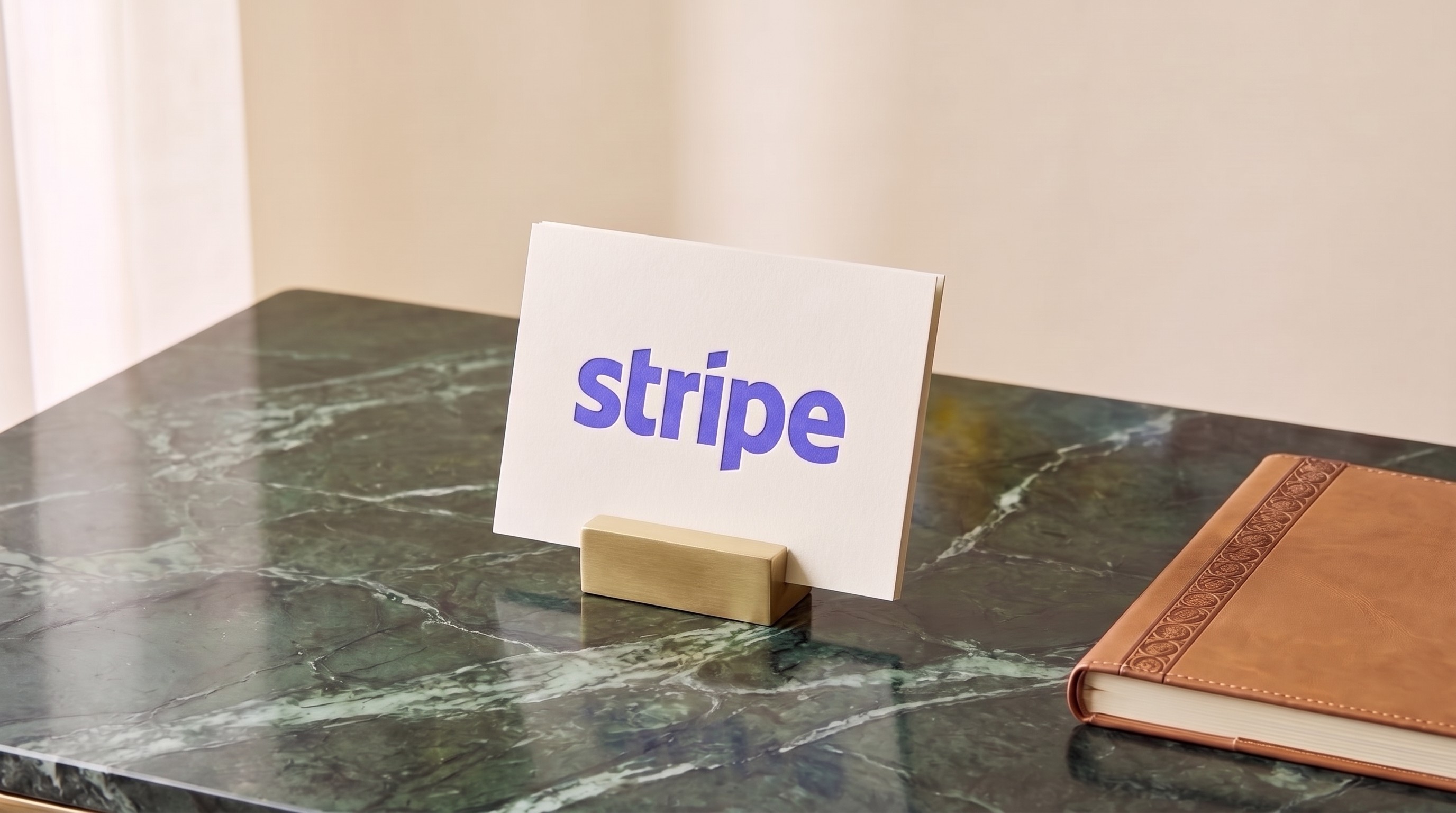 A cream card printed with the word stripe in purple stands in a brass holder on a dark green marble desk, beside a tan leather notebook.