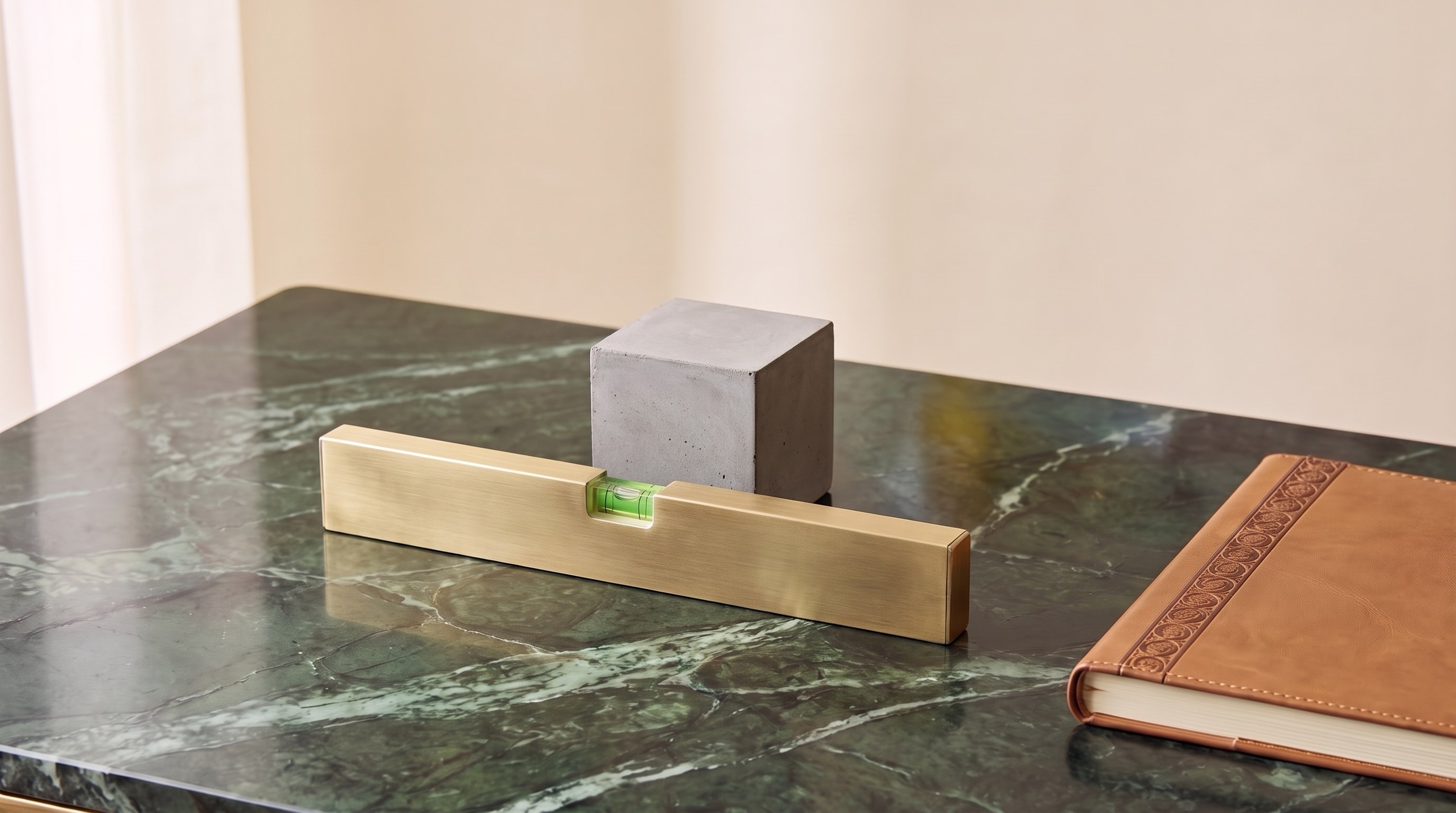 A brushed-brass spirit level beside a grey concrete block on a dark green marble desk, next to a tan leather notebook, in soft daylight.